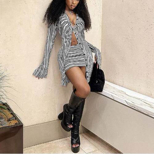 Women's Striped Print Ruched Split Sleeve Shirt & High Waist