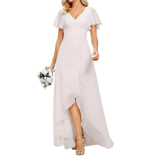 Womens Flowing Chiffon Bridesmaid Dress - V-Neck Ruffle