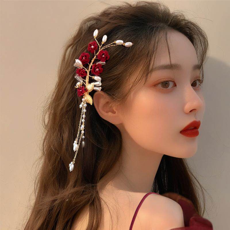 敬酒服头饰新娘红色头花发箍三件套新款简单大气结婚纱礼服发