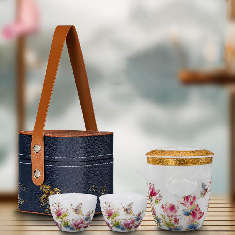 素烧冰种玉瓷便携式一壶两杯旅行茶具小套装金玉满堂快客杯茶具礼