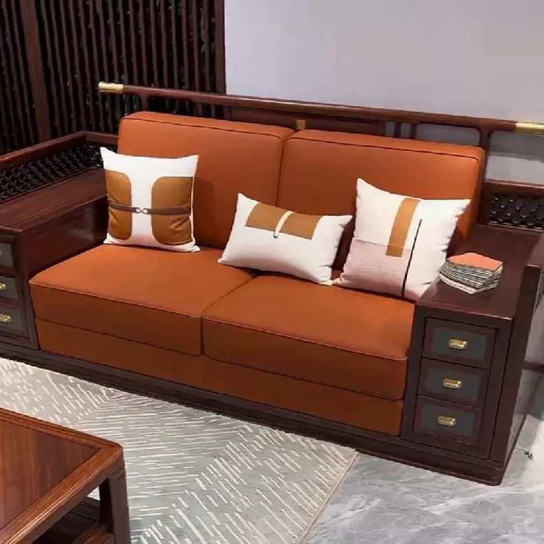 新中式乌金木沙发简约真皮禅意别墅客厅高端大户型中国风家具定做