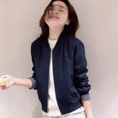 韩版小个子拼接格子翻袖短外套女2026春季假两件休闲风棒球服夹克