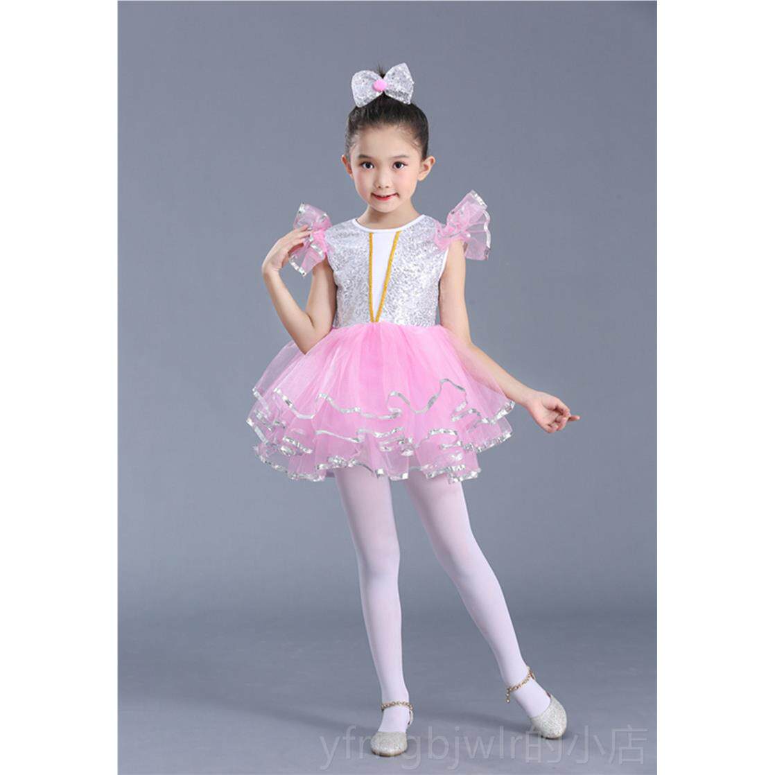 新款六一儿节孩表演服装白色公主裙亮蓬蓬纱裙现代舞片蹈演女童出