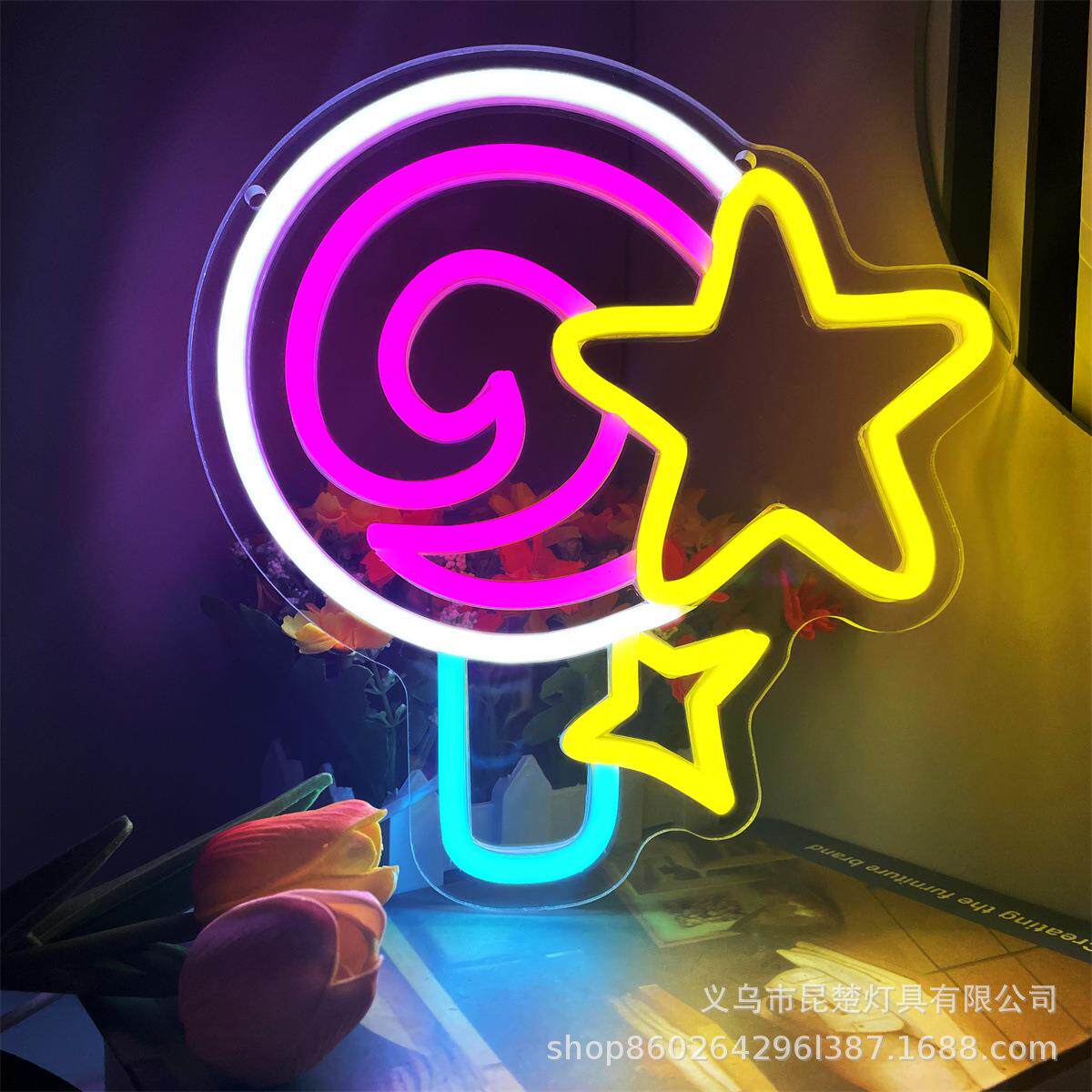 新款透明背板棒棒糖星星造型LED霓虹灯卧室居家氛围感装饰小夜灯