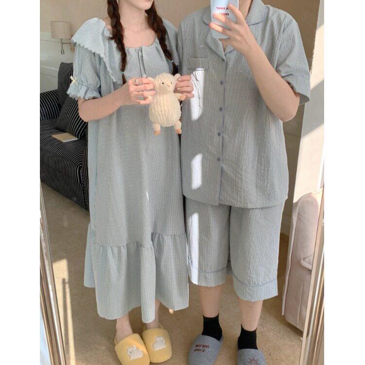 情侣睡衣夏季2026新款小清新可爱格子短袖睡裙家居服套装一男一女