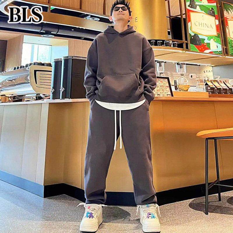 高端纯色休闲运动套装男秋冬2026新款宽松连帽卫衣卫裤男士两件套
