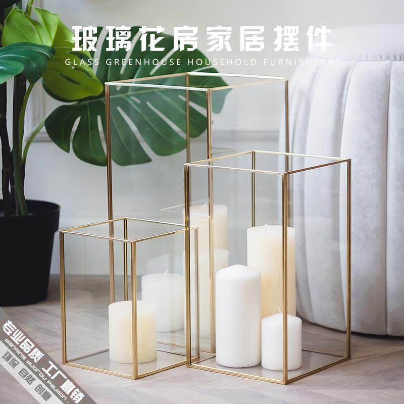 现代简约长方形几何玻璃灯罩浪漫蜡烛烛台餐厅咖啡厅室内装饰摆件
