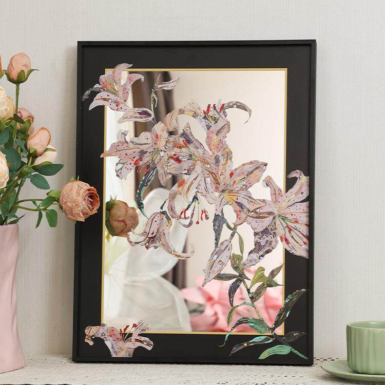 新中式百合花卉镜子画客厅装饰画抽象浴室镜玄关镜结婚挂画
