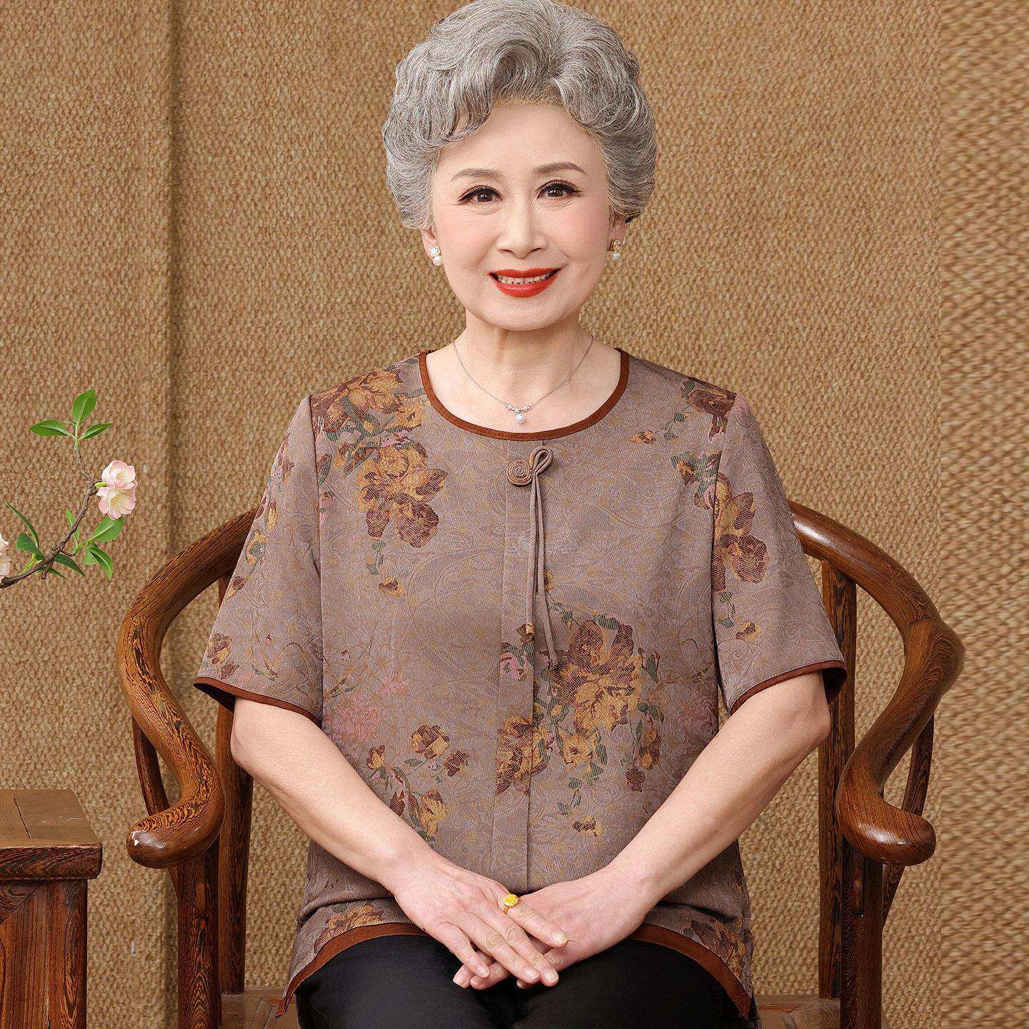 民族风中老年人T恤女短袖夏装桑蚕丝100%大尺码奶奶真丝圆领上衣