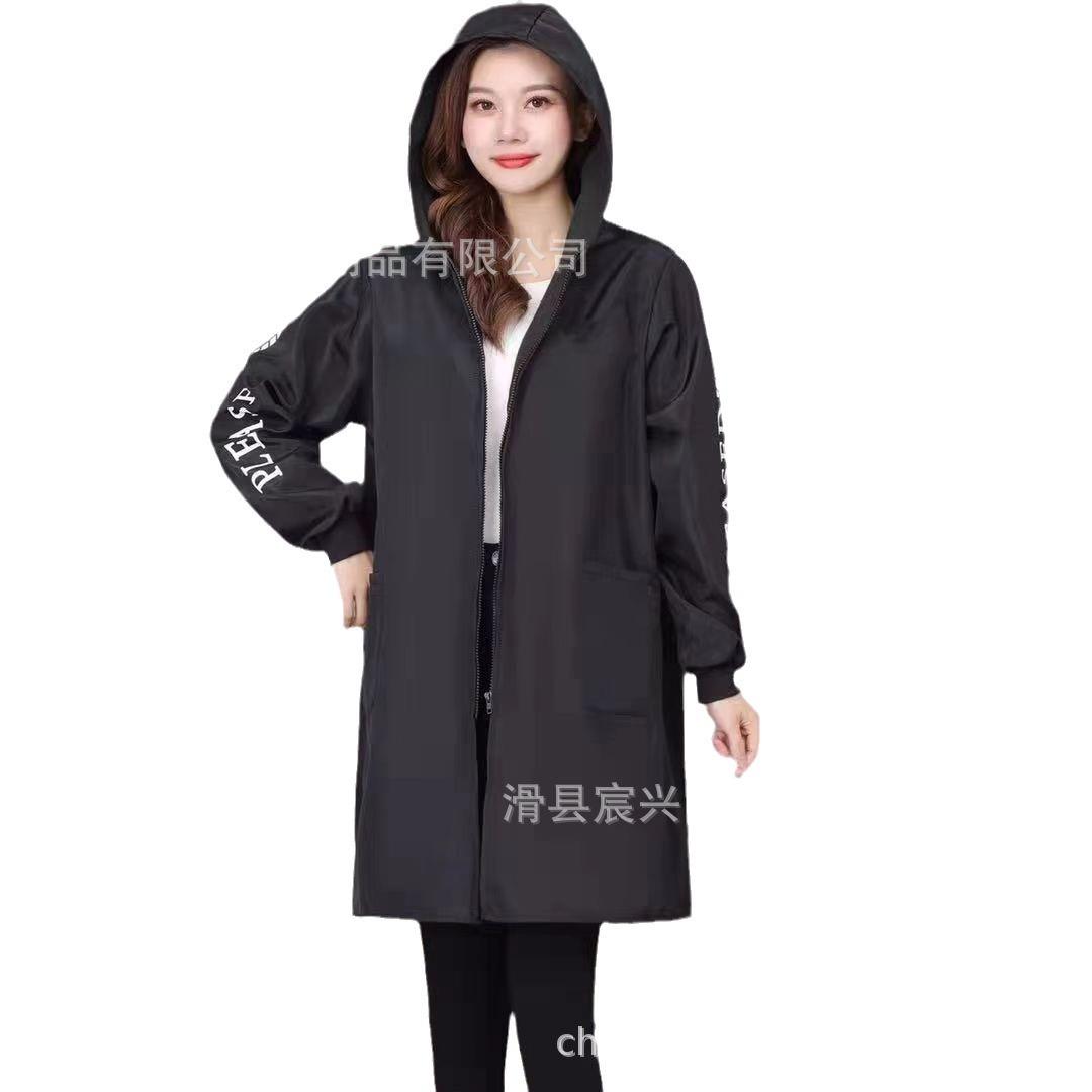 时尚新款罩衣纯色加绒防水中长款螺纹袖口拉链印花连帽工作服