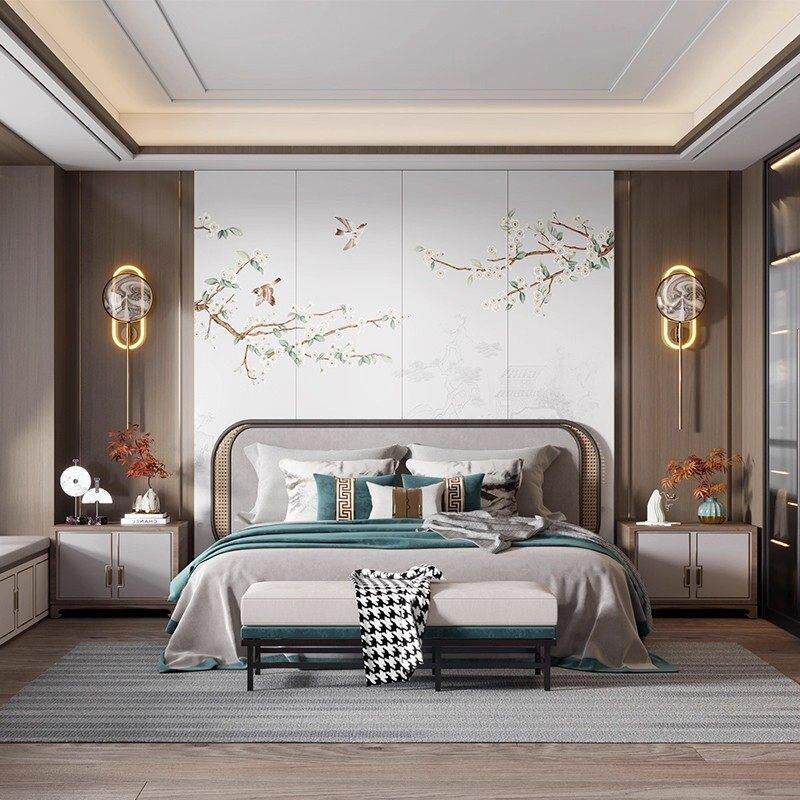 新中式花鸟卧室集成墙板电视背景墙竹木纤维扣板山水画茶室碳晶板