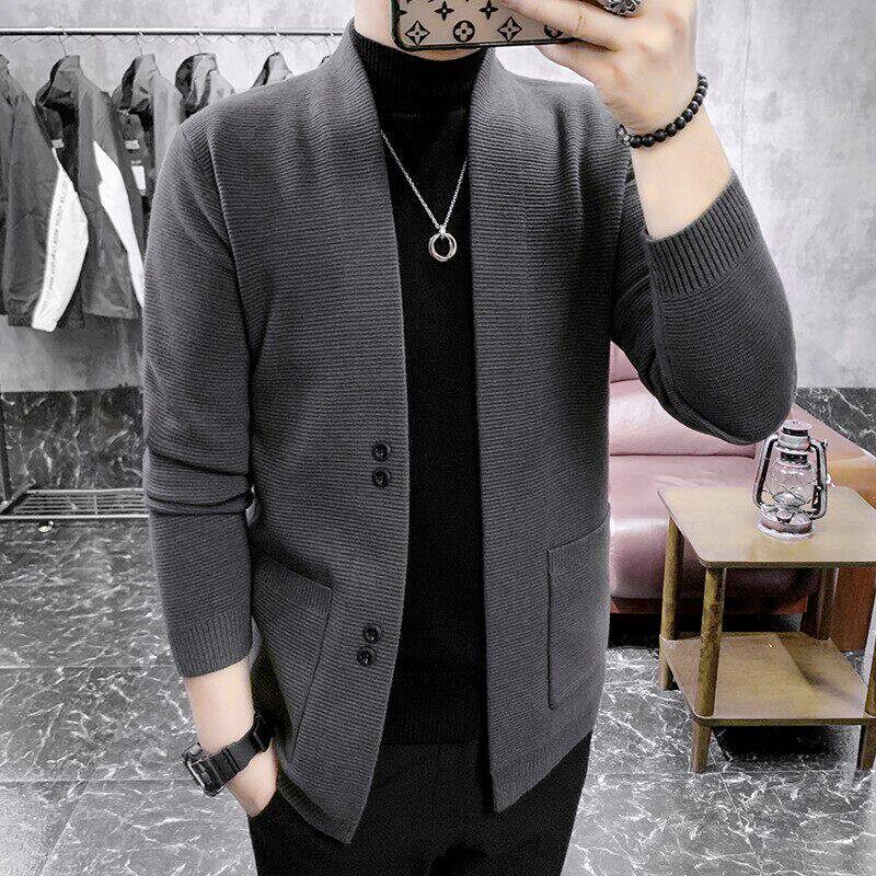 香港新款春秋季男薄款加厚修身休闲v领羊毛开衫针织衫毛衣外套潮