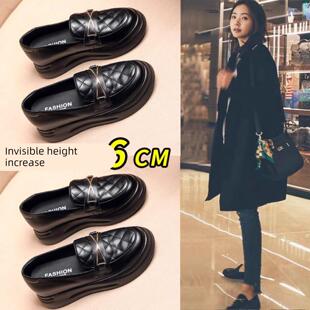 香港内增高乐福鞋女黑色小皮鞋2025春秋小个子英伦风厚底真皮软底