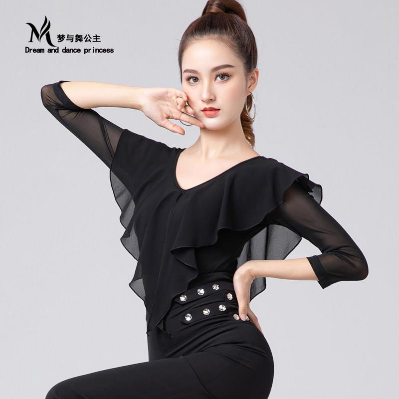 拉丁舞上衣新款国标舞摩登舞成人社交舞蹈服女黑色网纱美背演出服
