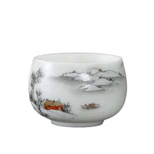 新中式冰种素烧羊脂玉茶杯手绘主人杯功夫茶具品茗杯雪景禅定茶盏