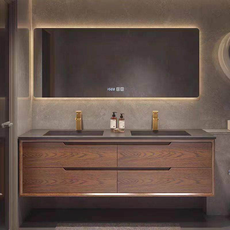 新中式浴室柜红橡木组合岩板无缝一体盆化妆室洗脸盆洗漱台洗手台