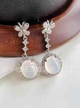 2026天然冰种蛋面白玉髓耳环时尚玉髓耳坠子镀银镶嵌玉髓耳钉