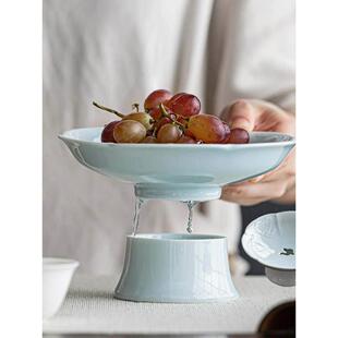 中式家用陶瓷高脚沥水果盘禅意茶点心盘茶道配件高足茶碟供佛果盘