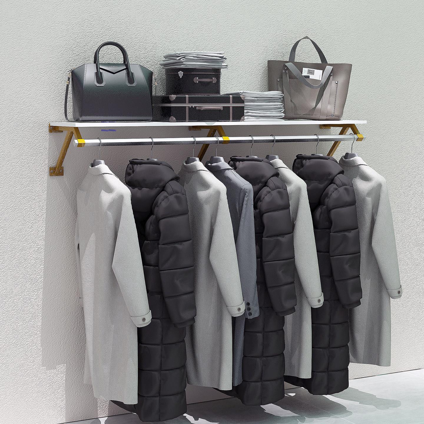 服装店上墙金色挂衣架女装店衣服展示架不锈钢壁挂货架家用衣帽架