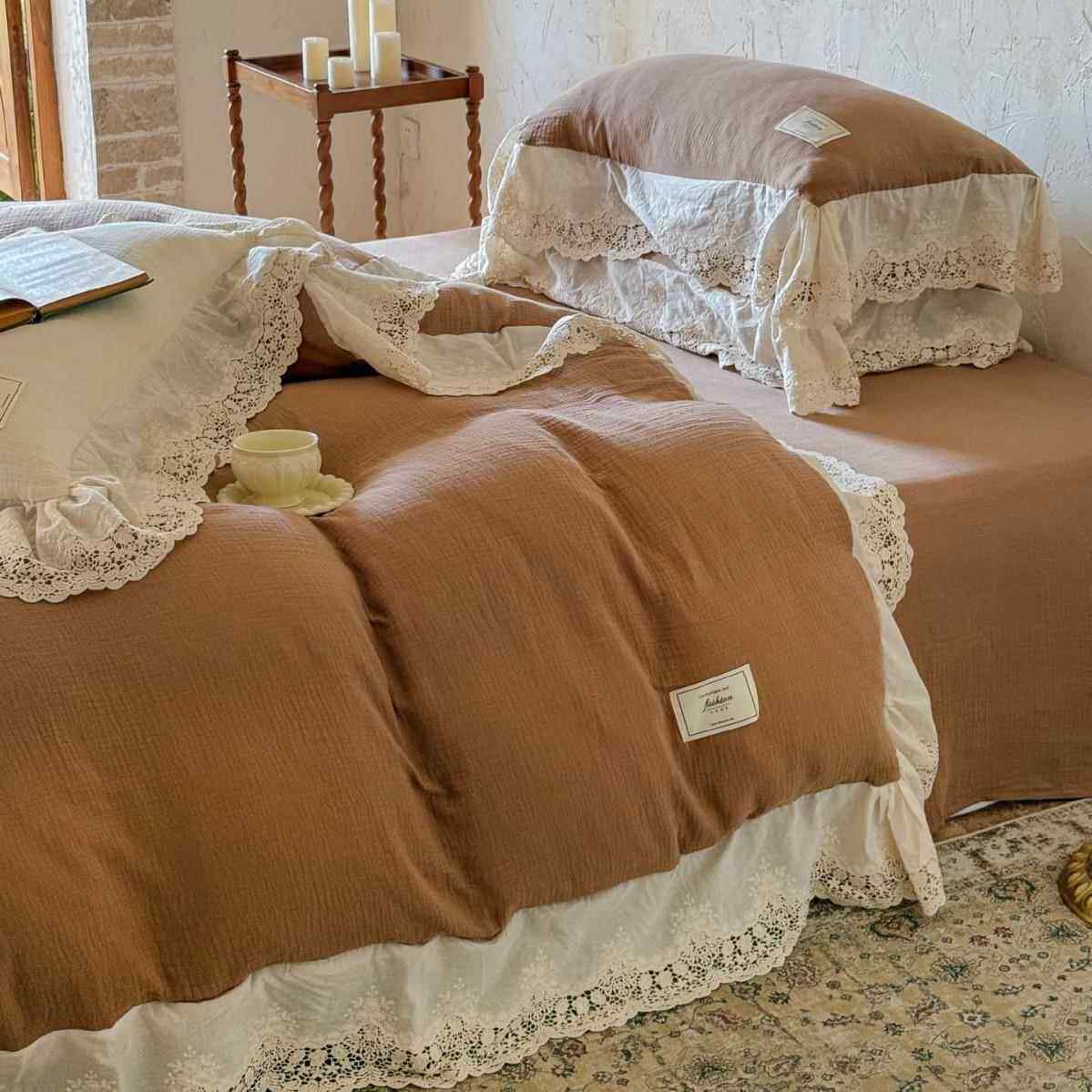 法式浪漫花边公主房女神柔软纱布床上用品皱皱纱四件套镂空花边款