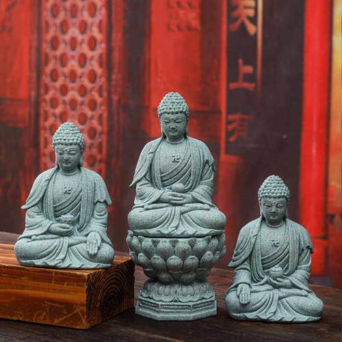 青砂石三宝佛像阿弥陀佛雕塑招财新中式客厅如来茶宠覆古工艺品