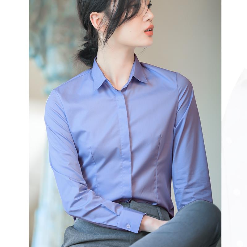 新款优柏竹纤粉色衬衫女维长袖勤职业正装工作服收通腰质女士白衬