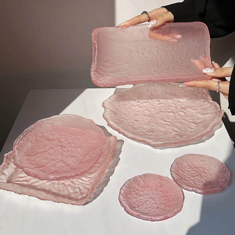 玻璃果盘高级感粉色不规则冰露盘子家用点心碟水圆形甜品托盘餐具