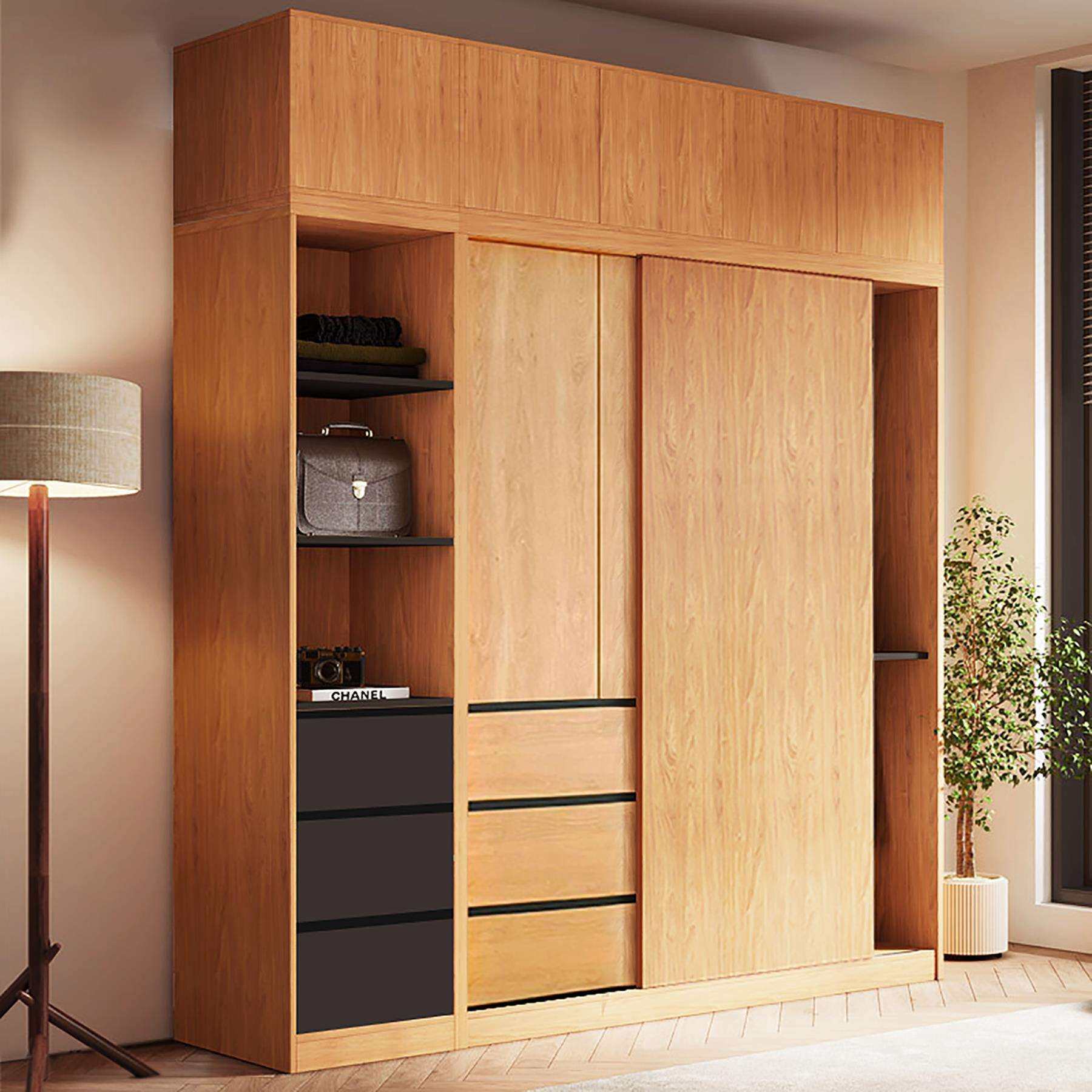 北欧推拉门衣柜家用卧室简约趟移门主卧室原木色儿童衣柜收纳衣橱