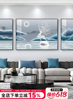 福鹿山水客厅装饰画轻奢高级感沙发背景墙蓝色抽象三联挂画墙壁画