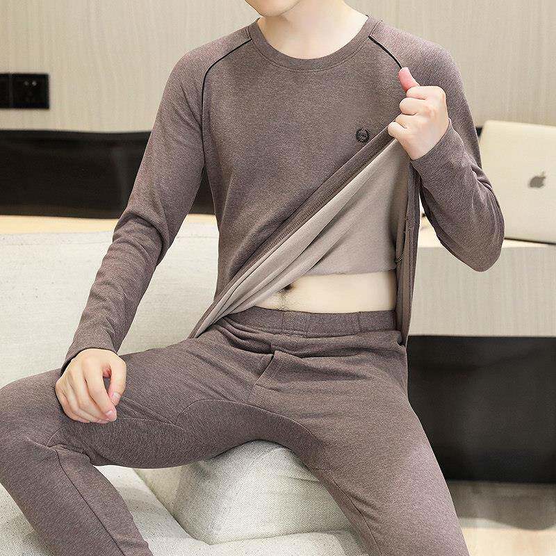 男士保暖内衣套装加绒加厚双面磨毛圆领打底衫贴身内穿秋衣秋裤男