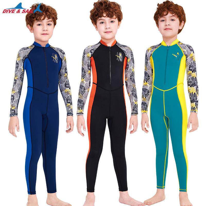 儿童泳衣男孩连体长袖防晒泳装中大童学生游泳训练浮潜冲浪水母衣