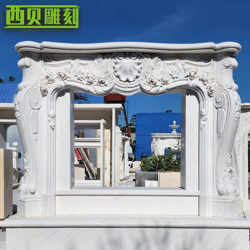 大理石欧式雕花壁炉架 别墅展厅室内汉白玉壁炉装饰摆件 石材壁炉