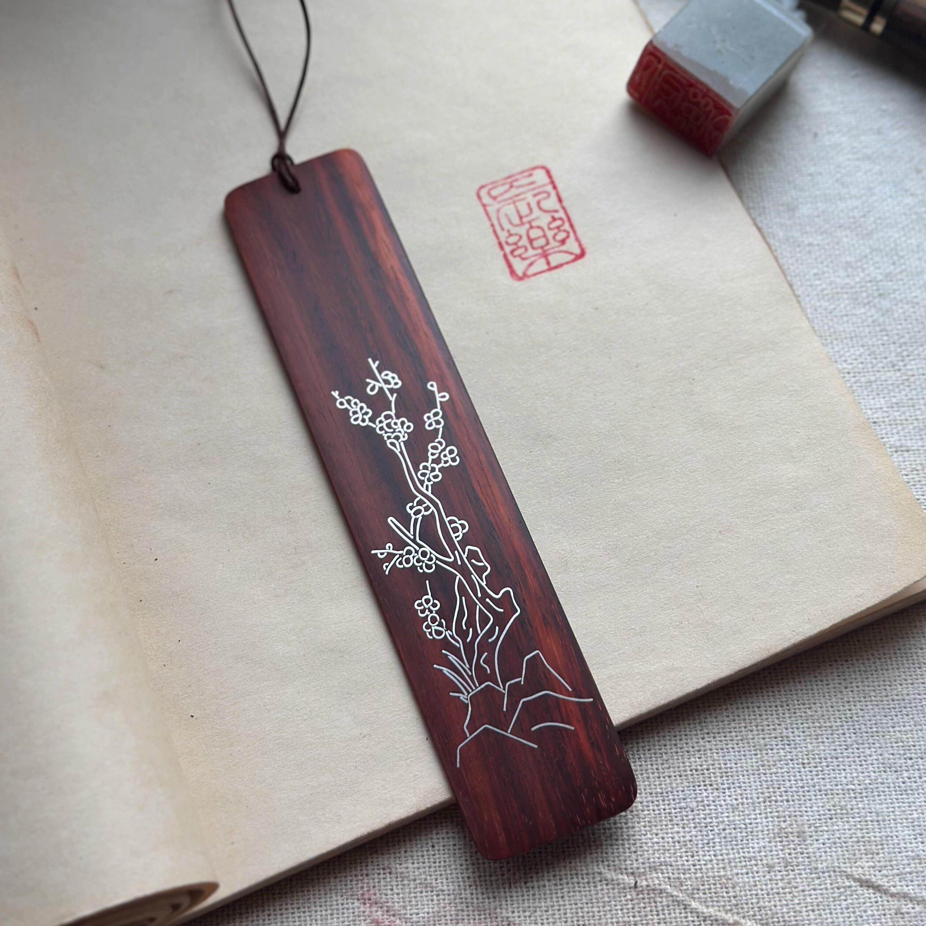 定制印度小叶紫檀木镶银木质红木书签匠刻字手工国风花卉来图订制