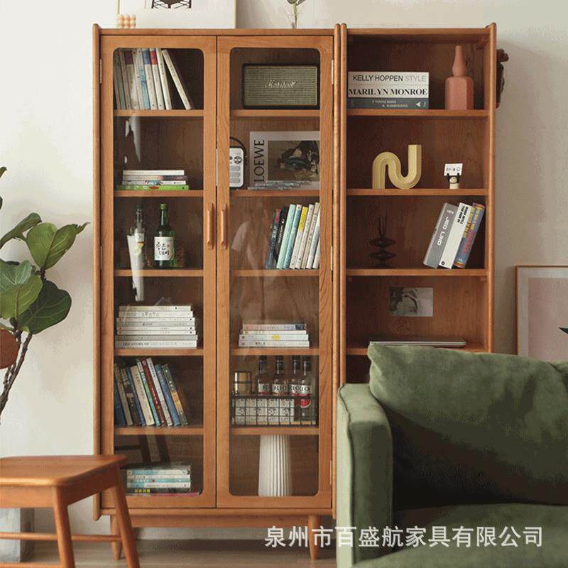 北欧实木玻璃门书柜家用物品摆件多层收纳柜客厅靠墙落地书架组合