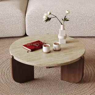 侘寂风实木洞石茶几极简小茶台小户型客厅家用圆形阳台大理石矮桌