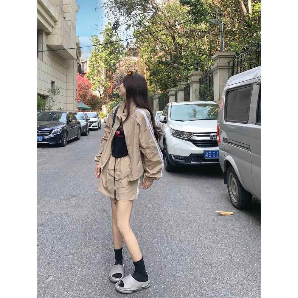谢娜浪姐同款运动套装衣服裤子色休闲夏季宽松防晒连帽短裙两件套