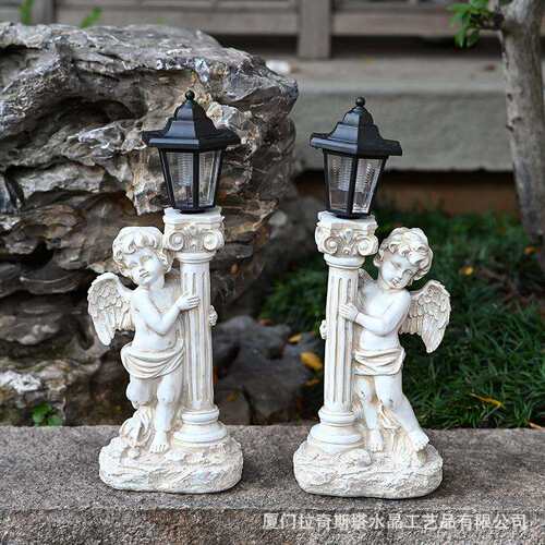 跨境花园罗马柱天使摆件太阳能夜灯庭院摆件欧式树脂天使摆件