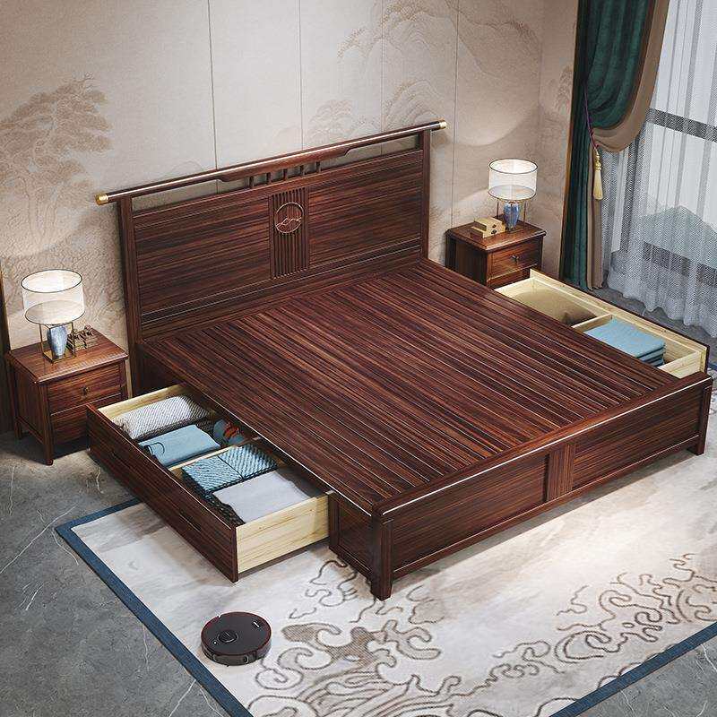 新中式乌金木实木床卧室双人婚床1.8米 现代简约储物家具轻奢高档