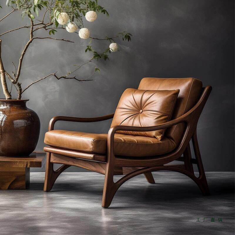 新中式真皮单人沙发椅2026新款客厅阳台白蜡木休闲椅黑胡桃木躺椅