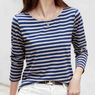 复古弹力修身 条纹长袖 显瘦大码 女装 棉内搭定制 2027春季 打底衫 新款