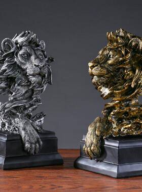 新款直销美式复古动物仿铜狮子头像树脂工艺品摆件玄关公室酒柜软