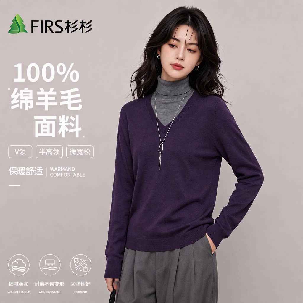 FIRS杉杉半高领V领微宽松100%绵羊毛衫女秋冬柔软打底毛衣针织衫