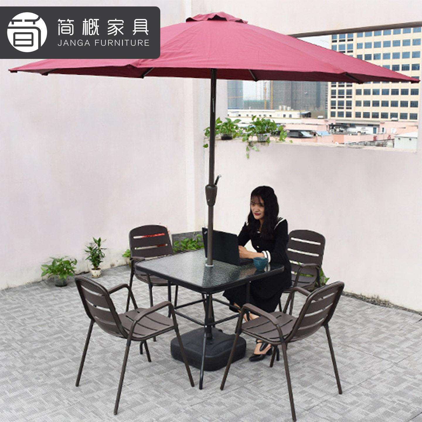 户外别墅金属桌椅庭院花园带伞组合铁艺露天阳台茶几家具酒店桌椅