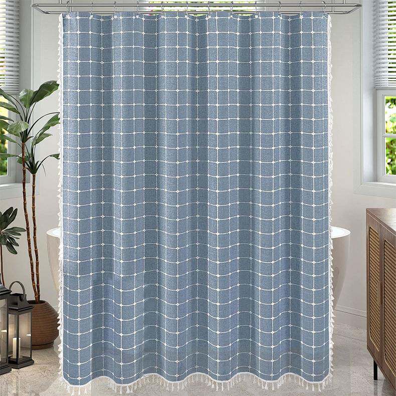 跨境波西米亚风格子防水浴帘提花流苏浴帘酒店卫生间淋浴遮挡帘