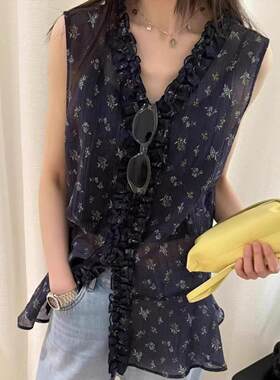 tach damas复古碎花木耳边拼接背心女夏季新款v领无袖衬衫上衣
