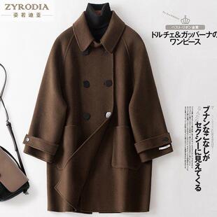 ZYRODIA 2024女高端斗篷咖啡色双面羊绒大衣中长款双排扣宽松外套