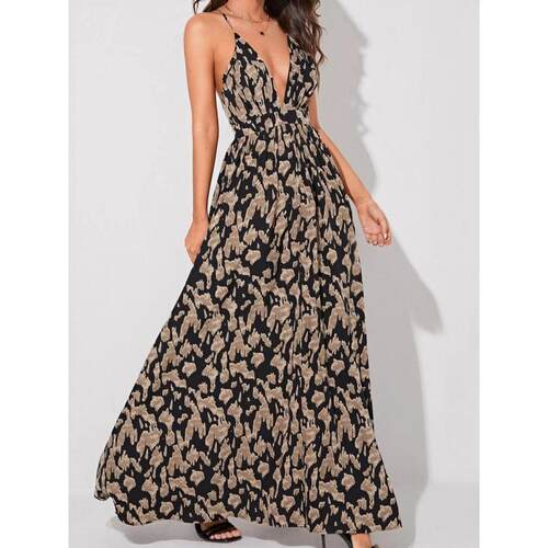 Women's beach print collar long suspender dress