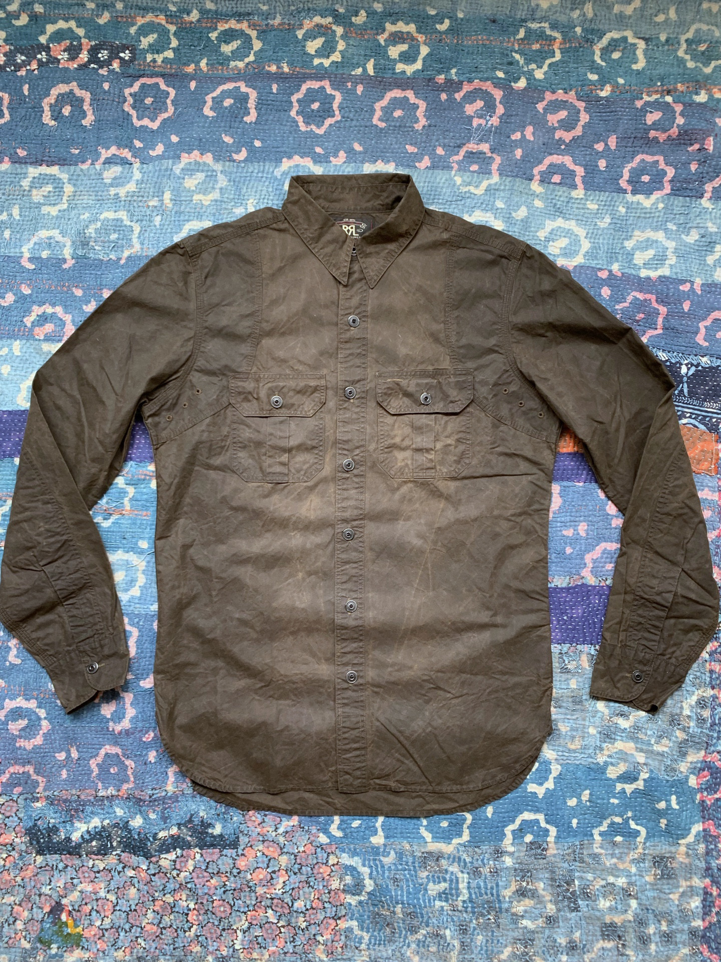 RRL Waxed Washed Distressed Denim Shirt — front