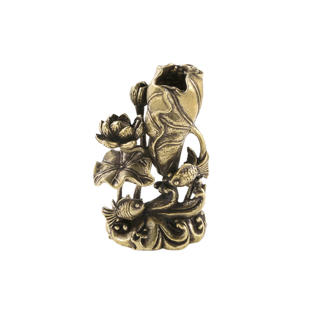 创意鱼意境插黄铜荷花莲花宠荷叶铜池塘香摆件鲤鱼插实心小金茶香