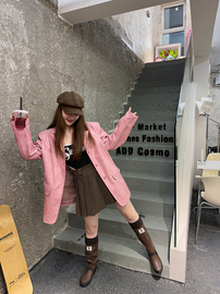 蒋哇塞 粉色皮衣外套女2023秋季美式设计感高级PU皮西装